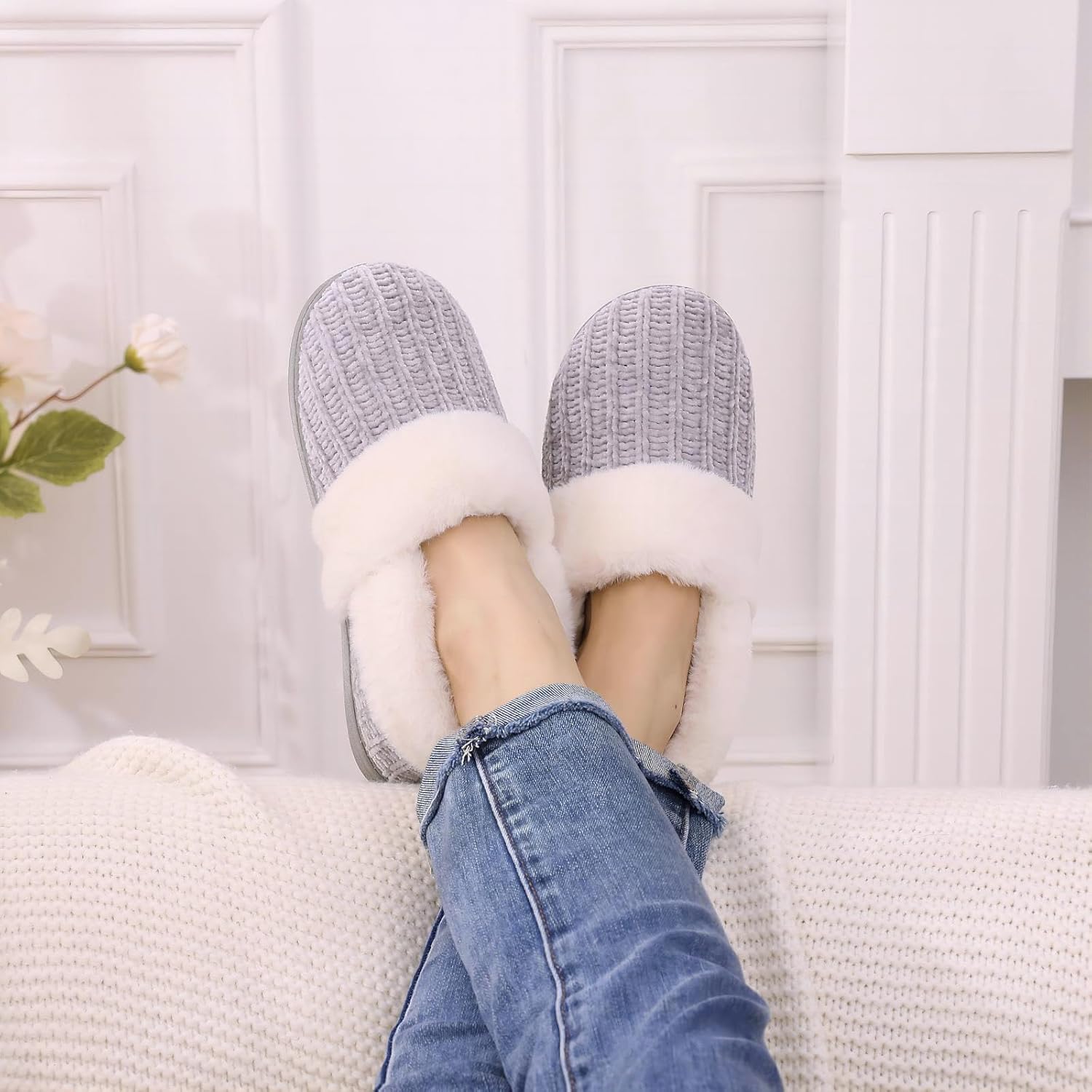 Women's Fuzzy Memory Foam Slippers, Closed Back Knit Bedroom Slippers, Slip-On Warm House Shoes for Indoor & Outdoor Comfort - Image 2
