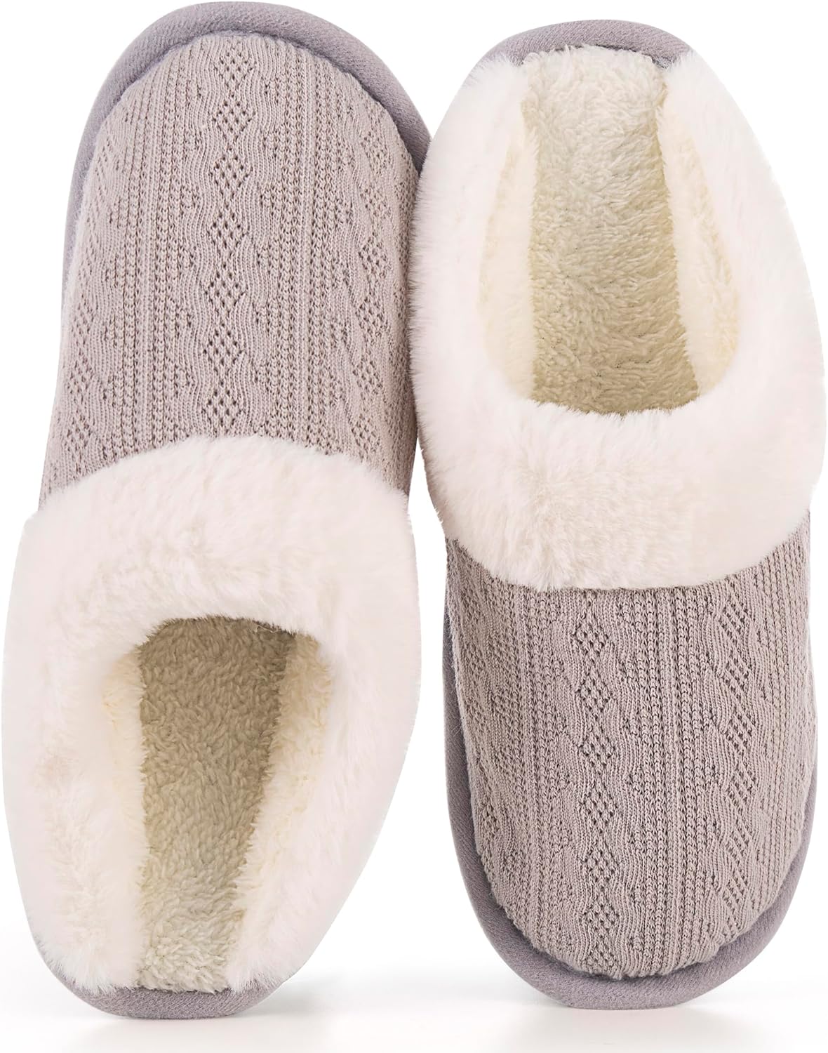 Women's Cozy Knit Slippers with Faux Fur Lining Memory Foam - Non-Slip Rubber Sole Indoor/Outdoor Winter House Shoes for Warmth and Comfort